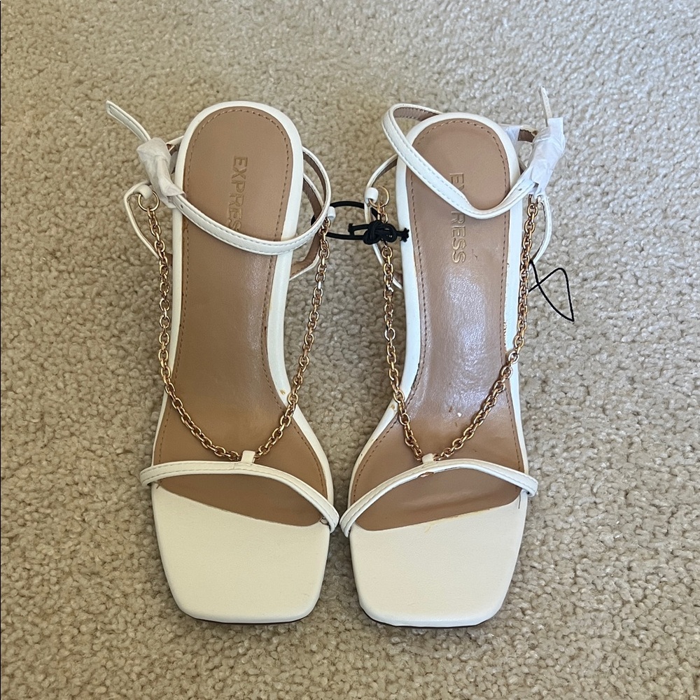 Express White Ankle-Strap Heeled Sandals with Gold Chain